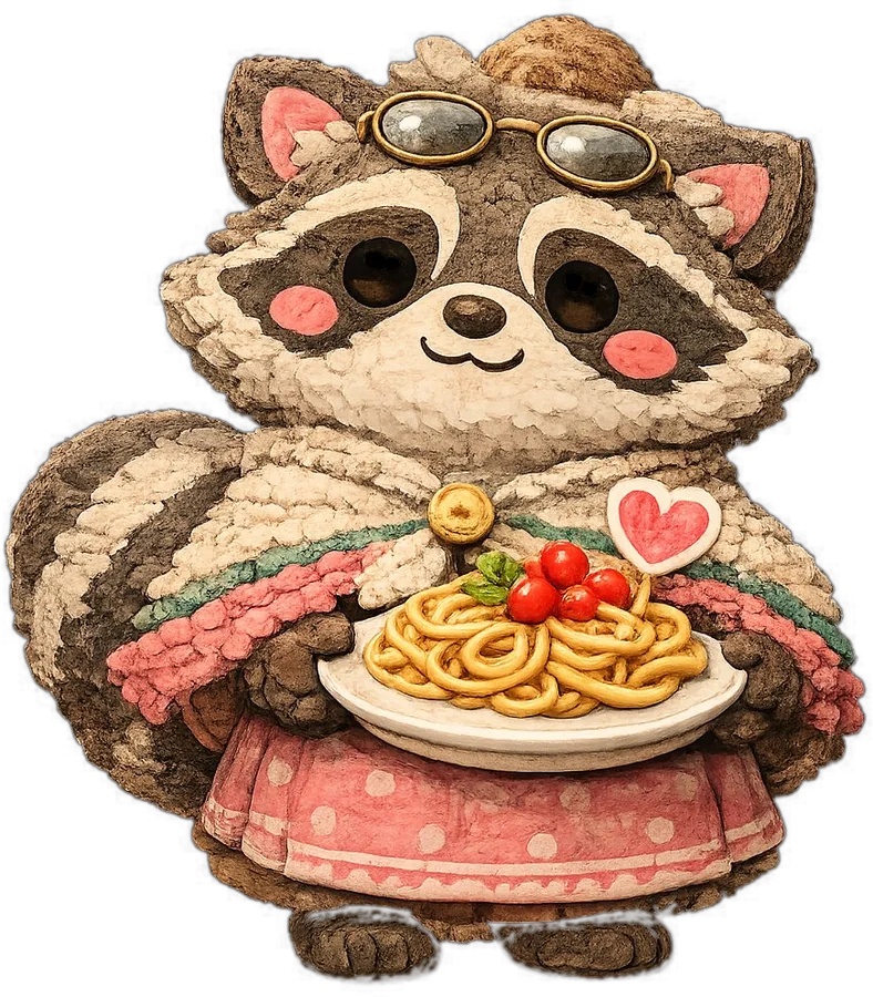 Grandma Bandit holding a plate of noodles